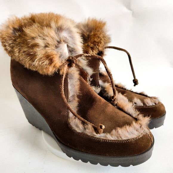 Coach Kataya Brown Suede Womens Size 6.5 Wedge Rabbit Fur Trim Wedge Ankle Boots - Picture 1 of 13